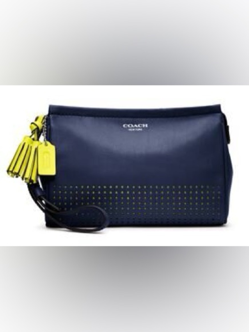 Coach NWOT Legacy Navy Blue Perforated Leather Zip Clutch Wristlet Zip Tassels